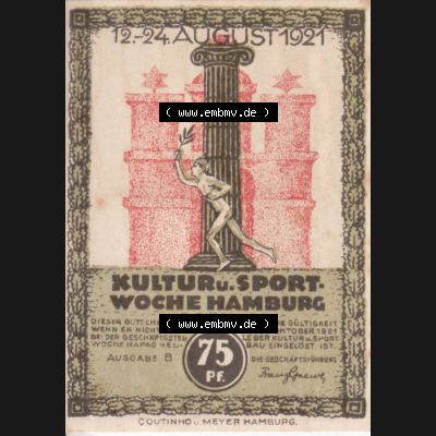 Notgeld Hamburg, Stadt in Land Hamburg, Serie Kultur- und Sportwoche Hamburg 1921b, Kultur Sportwoche 75 Pfennig (2). Deutsches Notgel Stadt Hamburg aus Land Hamburg... Sammlung