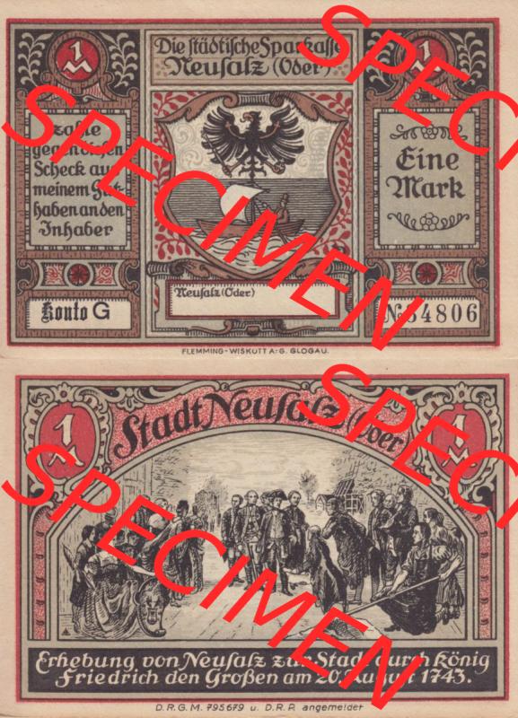 Notgeld Neusalz, Sparkasse in Schlesien 1 M. - Mark Konto G, Erhebung von Neusalz zur Stadt (3). Deutsches Notgeld Neusalz, Sparkasse aus Land Schlesien im online... Sammlung