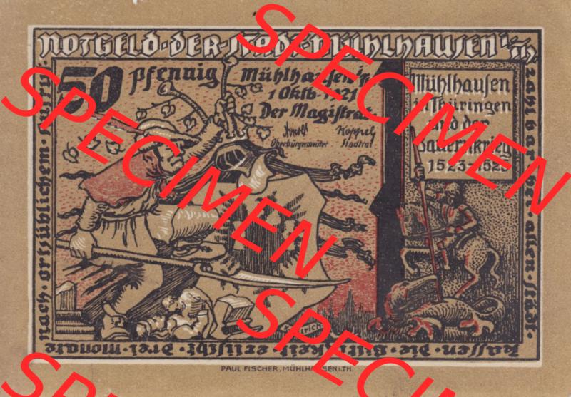Notgeld Mühlhausen, Stadt in Sachsen-Thüringen 1921, 50 Pfennig F Münzer und Pfeifer (1). Deutsches Notgeld Mühlhausen, Stadt aus Land Sachsen-Thüringen... Sammlung