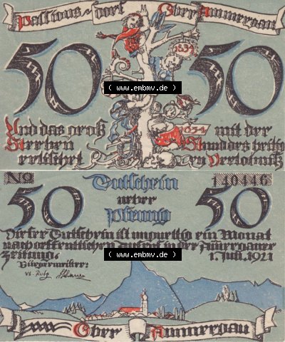 Notgeld Oberammergau, Gemeinde in Bayern 1921-1922, Gutschein über 50 Pfennig, Ohne Rand (3). Deutsches Notgeld Oberammergau,... Sammlung