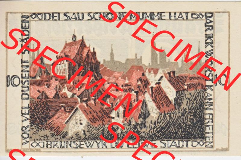 Notgeld Braunschweig, Staatsbank in Braunschweig 1921-1923, 10 Pfennig Dei Sau schöne Mumme hat (2). Deutsches Notgeld Braunschweiger Staatsbank aus Land Braunschweig... Sammlung
