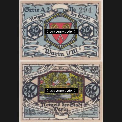 Notgeld Warin, Stadt in Mecklenburg-Schwerin A2 50 Pfennig (3). Deutsches Notgeld Warin, Stadt aus Land Mecklenburg-Schwerin im online Katalog zum katalogisieren, kategorisieren... Sammlung