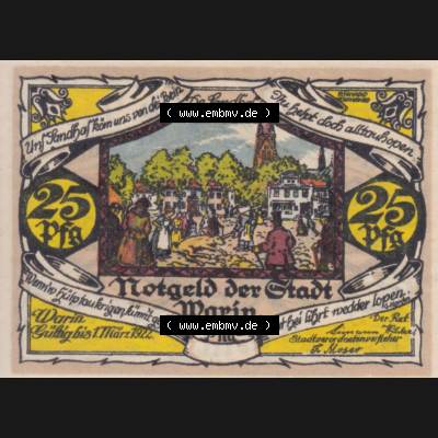 Notgeld Warin, Stadt in Mecklenburg-Schwerin A1 25 Pfennig (2). Deutsches Notgeld Warin, Stadt aus Land Mecklenburg-Schwerin im online Katalog zum katalogisieren, kategorisieren... Sammlung