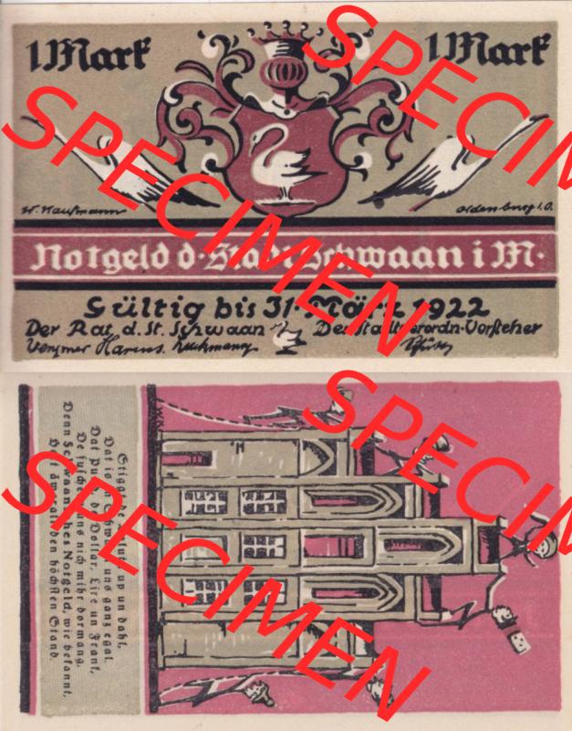 Notgeld Schwaan, Stadt in Mecklenburg-Schwerin, 1922, 1 Mark, 1 MK (3). Deutsches Notgeld Schwaan, Stadt aus Land Mecklenburg-Schwerin im online Katalog zum... Sammlung