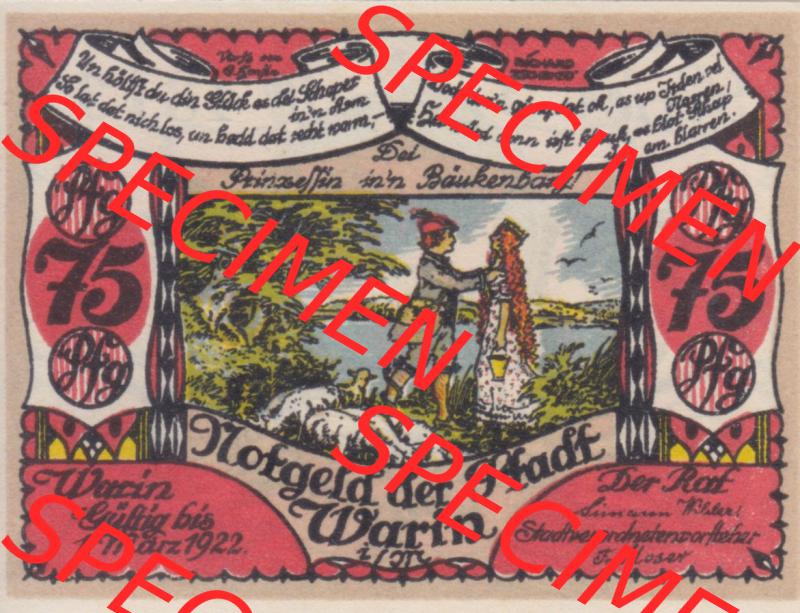 Notgeld Warin, Stadt in Mecklenburg-Schwerin C3 75 Pfennig (2). Deutsches Notgeld Warin, Stadt aus Land Mecklenburg-Schwerin im online Katalog zum katalogisieren, kategorisieren... Sammlung