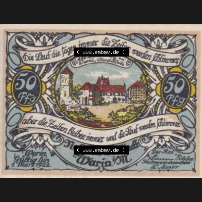 Notgeld Warin, Stadt in Mecklenburg-Schwerin B2 50 Pfennig (2). Deutsches Notgeld Warin, Stadt aus Land Mecklenburg-Schwerin im online Katalog zum katalogisieren, kategorisieren... Sammlung