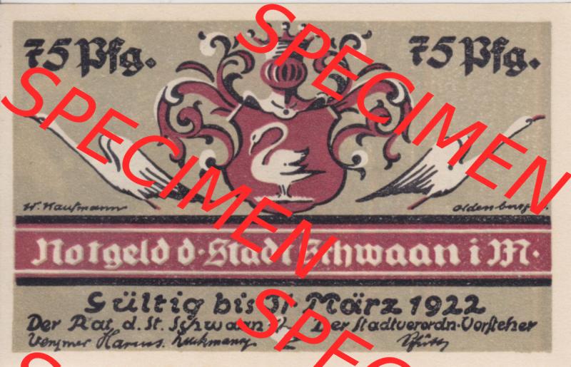 Notgeld Schwaan, Stadt in Mecklenburg-Schwerin, 1922, 75 Pfennig (1). Deutsches Notgeld Schwaan, Stadt aus Land Mecklenburg-Schwerin im online Katalog zum katalogisieren,... Sammlung