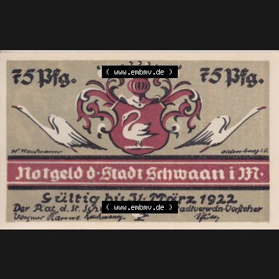 Notgeld Schwaan, Stadt in Mecklenburg-Schwerin, 1922, 75 Pfennig (1). Deutsches Notgeld Schwaan, Stadt aus Land Mecklenburg-Schwerin im online Katalog zum katalogisieren,... Sammlung