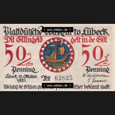 Notgeld Lübeck, Stadt im Land Lübeck, Plattdeutsche Volksgilde 1921, 50 Pfennig 3 Waisenkinner (1). Deutsches Notgeld Lübeck, Stadt aus Land Lübeck... Sammlung