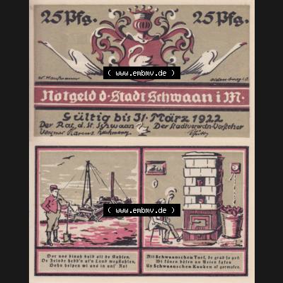 Notgeld Schwaan, Stadt in Mecklenburg-Schwerin, 1922, 25 Pfennig (3). Deutsches Notgeld Schwaan, Stadt aus Land Mecklenburg-Schwerin im online Katalog zum katalogisieren,... Sammlung