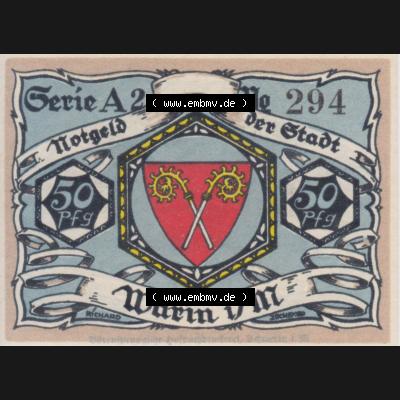 Notgeld Warin, Stadt in Mecklenburg-Schwerin A2 50 Pfennig (1). Deutsches Notgeld Warin, Stadt aus Land Mecklenburg-Schwerin im online Katalog zum katalogisieren, kategorisieren... Sammlung
