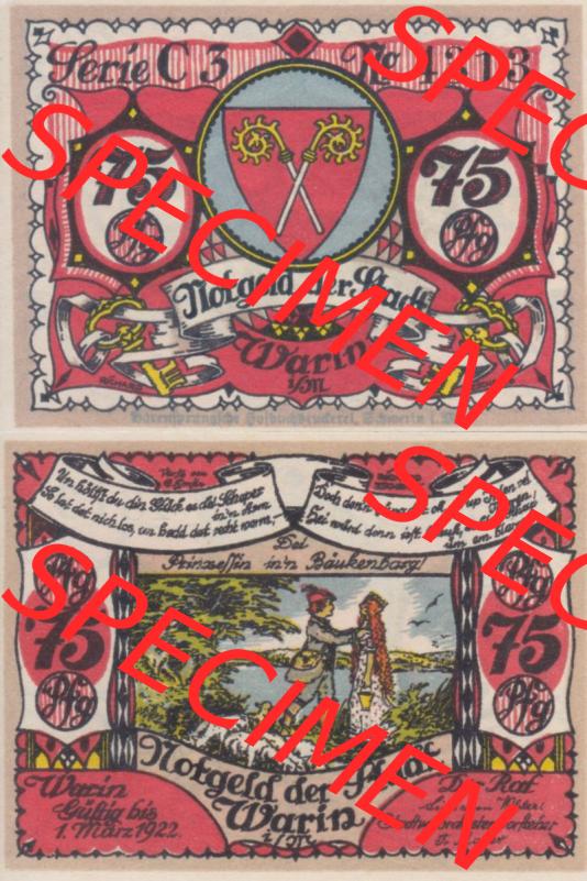 Notgeld Warin, Stadt in Mecklenburg-Schwerin C3 75 Pfennig (3). Deutsches Notgeld Warin, Stadt aus Land Mecklenburg-Schwerin im online Katalog zum katalogisieren, kategorisieren... Sammlung