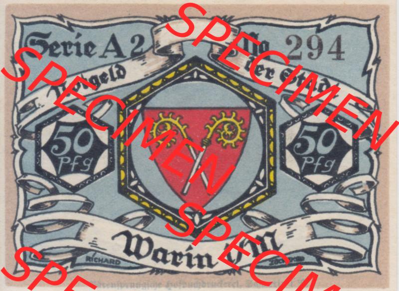 Notgeld Warin, Stadt in Mecklenburg-Schwerin A2 50 Pfennig (1). Deutsches Notgeld Warin, Stadt aus Land Mecklenburg-Schwerin im online Katalog zum katalogisieren, kategorisieren... Sammlung