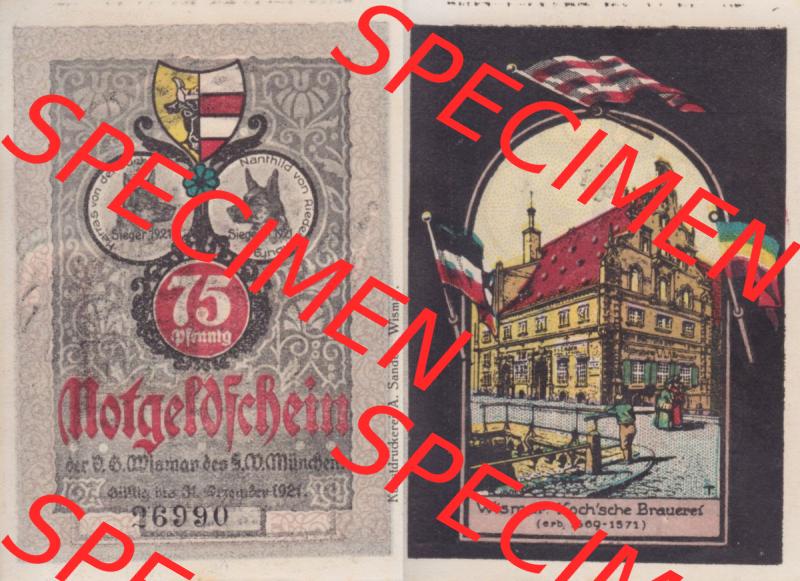 Notgeld Wismar, Stadt in Mecklenburg-Schwerin 1921, 75 Pfennig Kochsche Brauerei (3). Deutsches Notgeld Wismar, Stadt aus Land Mecklenburg-Schwerin im online Katalog... Sammlung
