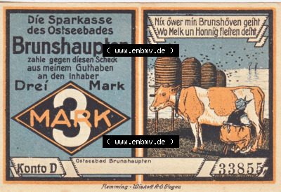 Notgeld Brunshaupten, Ostseebad in Mecklenburg-Schwerin Konto D, 3 Mark (2). Deutsches Notgeld Brunshaupten, Ostseebad aus Land... Sammlung