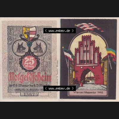 Notgeld Wismar, Stadt in Mecklenburg-Schwerin 1921, 25 Pfennig Wassertor (3). Deutsches Notgeld Wismar, Stadt aus Land Mecklenburg-Schwerin im online Katalog zum katalogisieren,... Sammlung