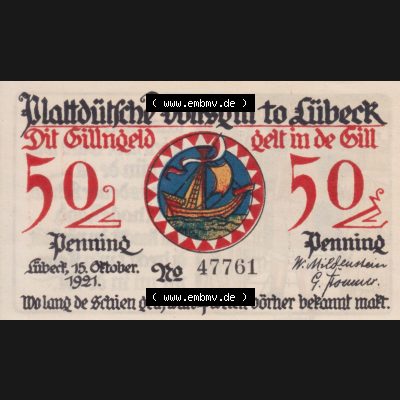 Notgeld Lübeck, Stadt im Land Lübeck, Plattdeutsche Volksgilde 1921, 50 Pfennig 5 Raadsener (1). Deutsches Notgeld Lübeck, Stadt aus Land Lübeck... Sammlung