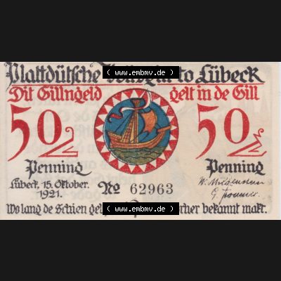 Notgeld Lübeck, Stadt im Land Lübeck, Plattdeutsche Volksgilde 1921, 50 Pfennig 2 Loats (1). Deutsches Notgeld Lübeck, Stadt aus Land Lübeck... Sammlung