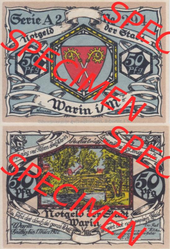 Notgeld Warin, Stadt in Mecklenburg-Schwerin A2 50 Pfennig (3). Deutsches Notgeld Warin, Stadt aus Land Mecklenburg-Schwerin im online Katalog zum katalogisieren, kategorisieren... Sammlung