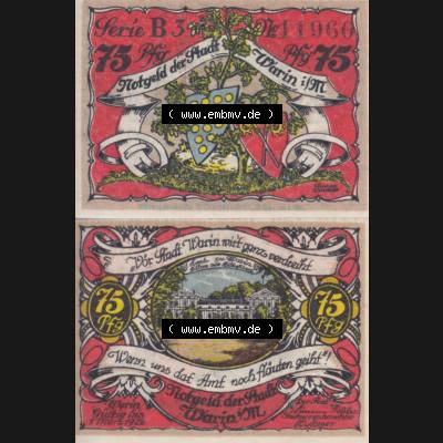 Notgeld Warin, Stadt in Mecklenburg-Schwerin B3 75 Pfennig (3). Deutsches Notgeld Warin, Stadt aus Land Mecklenburg-Schwerin im online Katalog zum katalogisieren, kategorisieren... Sammlung