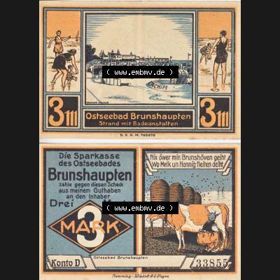 Notgeld Brunshaupten, Ostseebad in Mecklenburg-Schwerin Konto D, 3 Mark (3). Deutsches Notgeld Brunshaupten, Ostseebad aus Land Mecklenburg-Schwerin im online Katalog... Sammlung