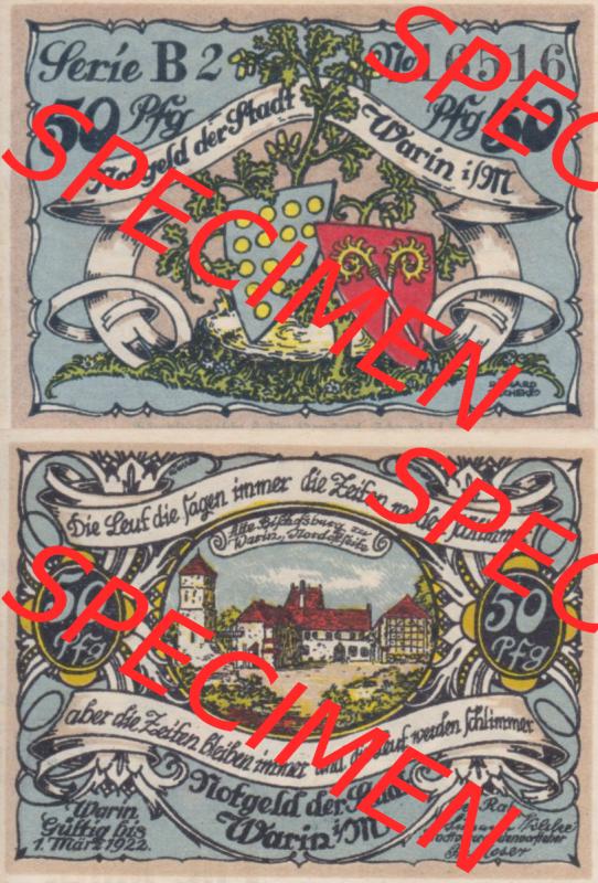 Notgeld Warin, Stadt in Mecklenburg-Schwerin B2 50 Pfennig (3). Deutsches Notgeld Warin, Stadt aus Land Mecklenburg-Schwerin im online Katalog zum katalogisieren, kategorisieren... Sammlung