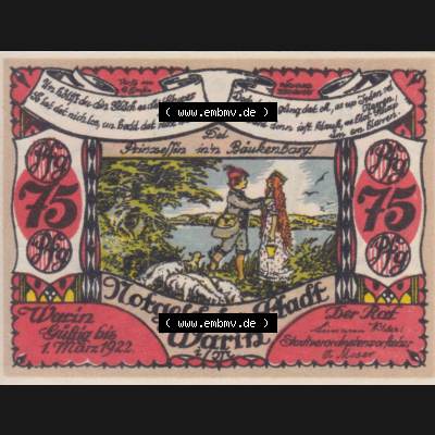Notgeld Warin, Stadt in Mecklenburg-Schwerin C3 75 Pfennig (2). Deutsches Notgeld Warin, Stadt aus Land Mecklenburg-Schwerin im online Katalog zum katalogisieren, kategorisieren... Sammlung