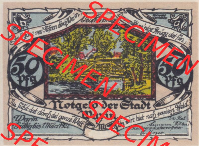 Notgeld Warin, Stadt in Mecklenburg-Schwerin A2 50 Pfennig (2). Deutsches Notgeld Warin, Stadt aus Land Mecklenburg-Schwerin im online Katalog zum katalogisieren, kategorisieren... Sammlung