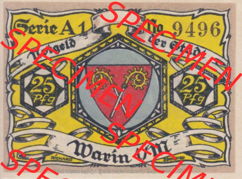 Notgeld Warin, Stadt in Mecklenburg-Schwerin A1 25 Pfennig (1). Deutsches Notgeld Warin, Stadt aus Land Mecklenburg-Schwerin im online Katalog zum katalogisieren, kategorisieren... Sammlung