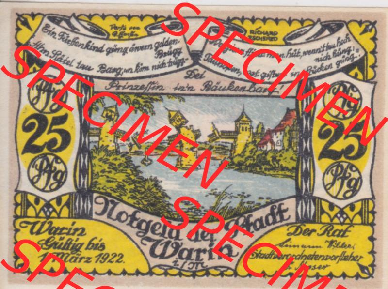 Notgeld Warin, Stadt in Mecklenburg-Schwerin C1 25 Pfennig (2). Deutsches Notgeld Warin, Stadt aus Land Mecklenburg-Schwerin im online Katalog zum katalogisieren, kategorisieren... Sammlung