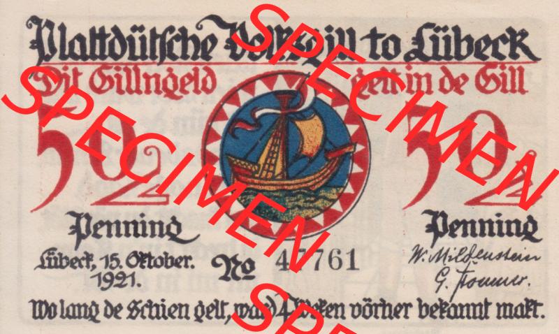 Notgeld Lübeck, Stadt im Land Lübeck, Plattdeutsche Volksgilde 1921, 50 Pfennig 5 Raadsener (1). Deutsches Notgeld Lübeck, Stadt aus Land Lübeck... Sammlung
