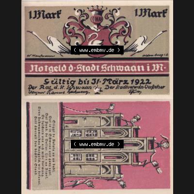 Notgeld Schwaan, Stadt in Mecklenburg-Schwerin, 1922, 1 Mark, 1 MK (3). Deutsches Notgeld Schwaan, Stadt aus Land Mecklenburg-Schwerin im online Katalog zum... Sammlung