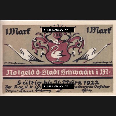 Notgeld Schwaan, Stadt in Mecklenburg-Schwerin, 1922, 1 Mark, 1 MK (1). Deutsches Notgeld Schwaan, Stadt aus Land Mecklenburg-Schwerin im online Katalog zum... Sammlung