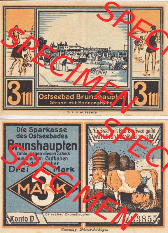 Notgeld Brunshaupten, Ostseebad in Mecklenburg-Schwerin Konto D, 3 Mark (3). Deutsches Notgeld Brunshaupten, Ostseebad aus Land Mecklenburg-Schwerin im online Katalog... Sammlung