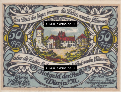 Notgeld Warin, Stadt in Mecklenburg-Schwerin B2 50 Pfennig (2). Deutsches Notgeld Warin, Stadt aus Land Mecklenburg-Schwerin im... Sammlung