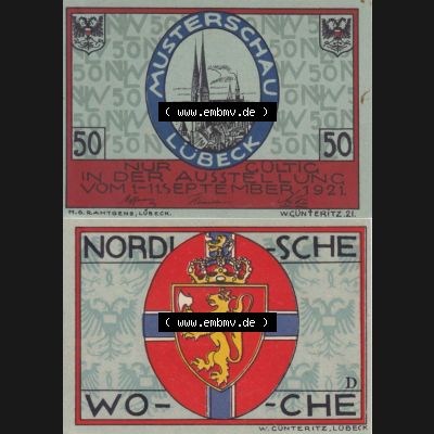 Notgeld Lübeck, Stadt im Land Lübeck, Nordische Woche, Musterschau 1921, 50 Pfennig D (3). Deutsches Notgeld Lübeck, Stadt aus Land Lübeck... Sammlung