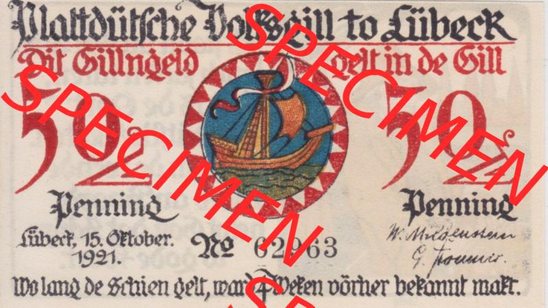 Notgeld Lübeck, Stadt im Land Lübeck, Plattdeutsche Volksgilde 1921, 50 Pfennig 2 Loats (1). Deutsches Notgeld Lübeck, Stadt aus Land Lübeck... Sammlung