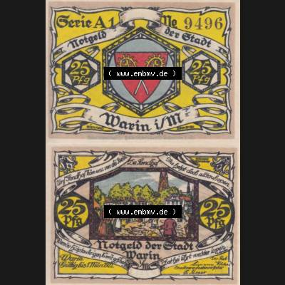 Notgeld Warin, Stadt in Mecklenburg-Schwerin A1 25 Pfennig (3). Deutsches Notgeld Warin, Stadt aus Land Mecklenburg-Schwerin im online Katalog zum katalogisieren, kategorisieren... Sammlung