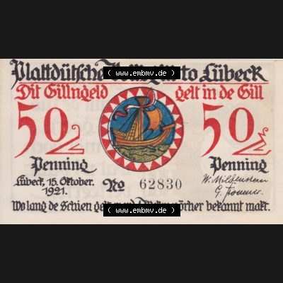 Notgeld Lübeck, Stadt im Land Lübeck, Plattdeutsche Volksgilde 1921, 50 Pfennig 4 Gamersfru (1). Deutsches Notgeld Lübeck, Stadt aus Land Lübeck... Sammlung