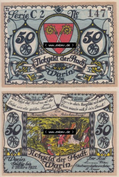 Notgeld Warin, Stadt in Mecklenburg-Schwerin C2 50 Pfennig (3). Deutsches Notgeld Warin, Stadt aus Land Mecklenburg-Schwerin im... Sammlung