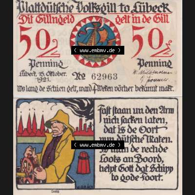 Notgeld Lübeck, Stadt im Land Lübeck, Plattdeutsche Volksgilde 1921, 50 Pfennig 2 Loats (3). Deutsches Notgeld Lübeck, Stadt aus Land Lübeck... Sammlung