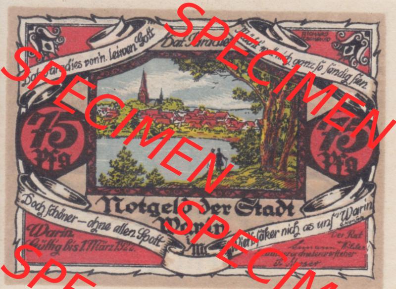 Notgeld Warin, Stadt in Mecklenburg-Schwerin A3 75 Pfennig (2). Deutsches Notgeld Warin, Stadt aus Land Mecklenburg-Schwerin im online Katalog zum katalogisieren, kategorisieren... Sammlung