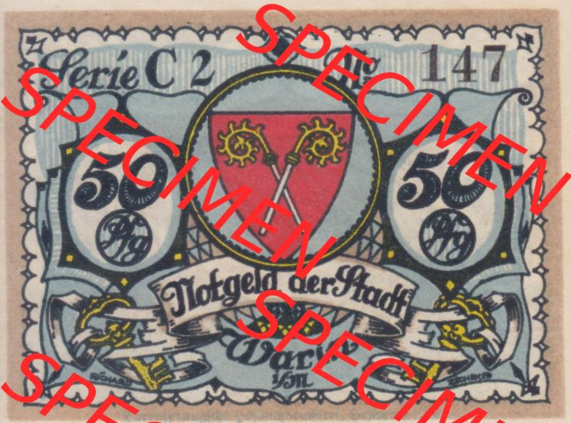 Notgeld Warin, Stadt in Mecklenburg-Schwerin C2 50 Pfennig (1). Deutsches Notgeld Warin, Stadt aus Land Mecklenburg-Schwerin im online Katalog zum katalogisieren, kategorisieren... Sammlung