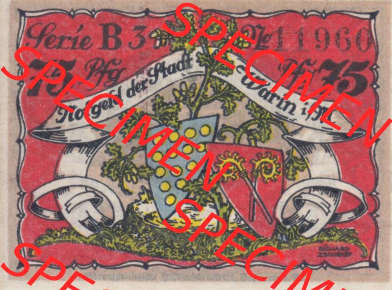 Notgeld Warin, Stadt in Mecklenburg-Schwerin B3 75 Pfennig (1). Deutsches Notgeld Warin, Stadt aus Land Mecklenburg-Schwerin im online Katalog zum katalogisieren, kategorisieren... Sammlung