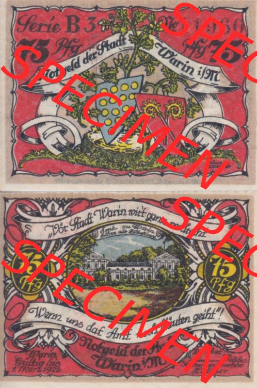 Notgeld Warin, Stadt in Mecklenburg-Schwerin B3 75 Pfennig (3). Deutsches Notgeld Warin, Stadt aus Land Mecklenburg-Schwerin im online Katalog zum katalogisieren, kategorisieren... Sammlung