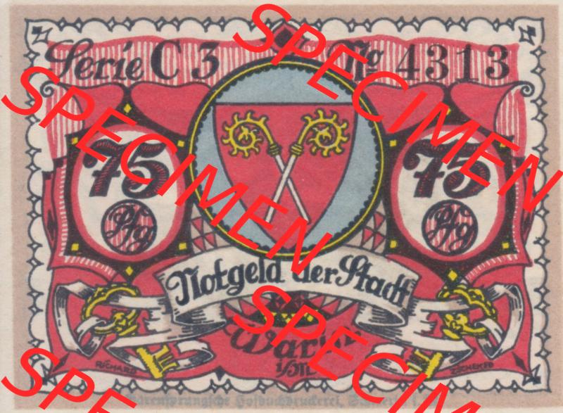 Notgeld Warin, Stadt in Mecklenburg-Schwerin C3 75 Pfennig (1). Deutsches Notgeld Warin, Stadt aus Land Mecklenburg-Schwerin im online Katalog zum katalogisieren, kategorisieren... Sammlung