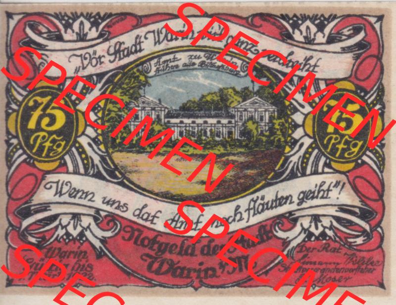 Notgeld Warin, Stadt in Mecklenburg-Schwerin B3 75 Pfennig (2). Deutsches Notgeld Warin, Stadt aus Land Mecklenburg-Schwerin im online Katalog zum katalogisieren, kategorisieren... Sammlung