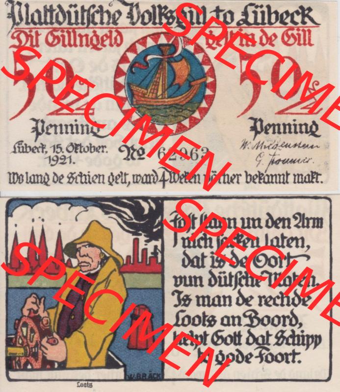 Notgeld Lübeck, Stadt im Land Lübeck, Plattdeutsche Volksgilde 1921, 50 Pfennig 2 Loats (3). Deutsches Notgeld Lübeck, Stadt aus Land Lübeck... Sammlung