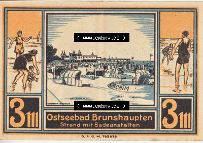 Notgeld Brunshaupten, Ostseebad in Mecklenburg-Schwerin Konto D, 3 Mark (1). Deutsches Notgeld Brunshaupten, Ostseebad aus Land... Sammlung