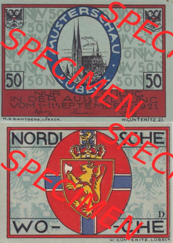 Notgeld Lübeck, Stadt im Land Lübeck, Nordische Woche, Musterschau 1921, 50 Pfennig D (3). Deutsches Notgeld Lübeck, Stadt aus Land Lübeck... Sammlung